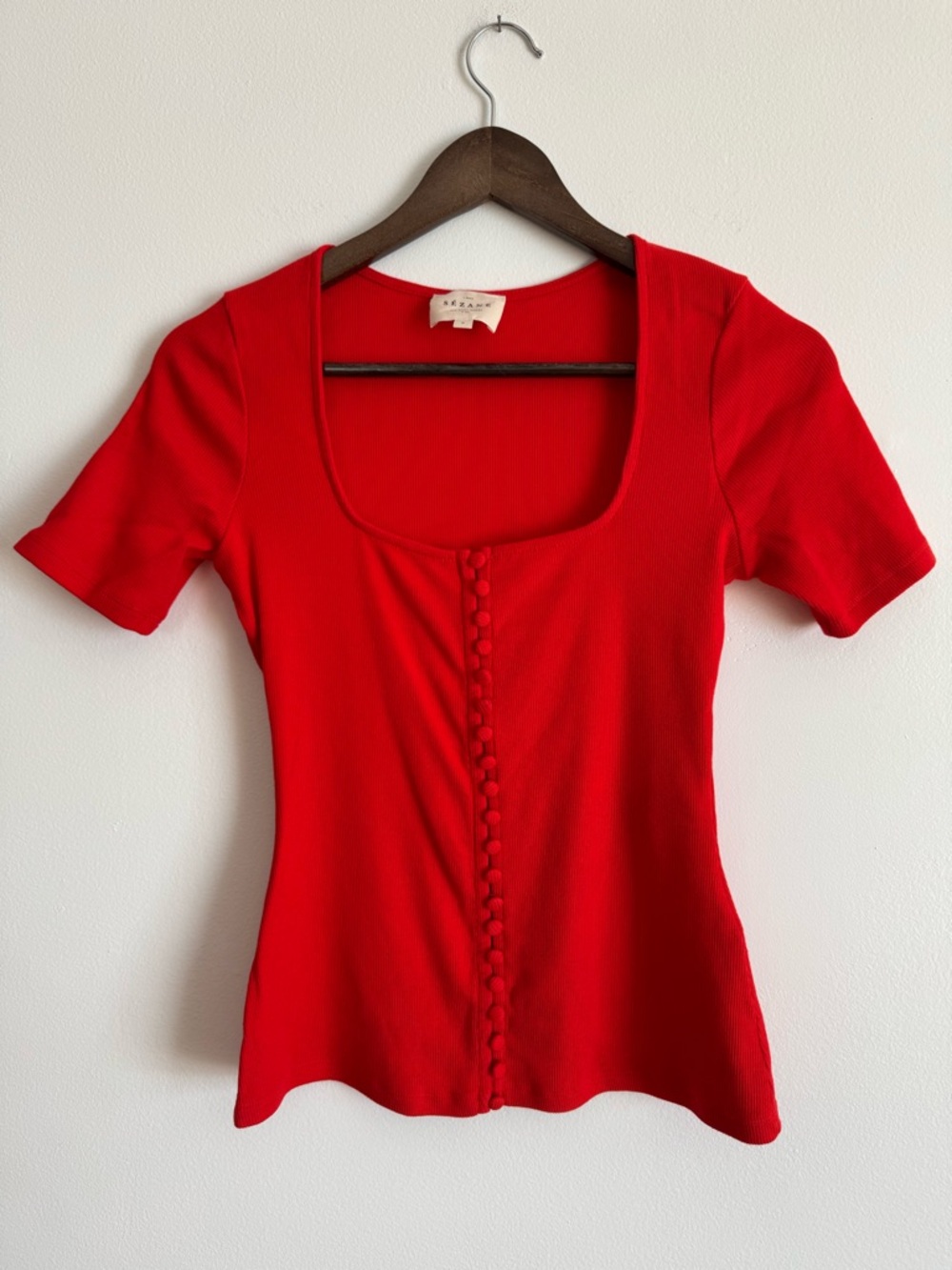 Sezane Grant Short Sleeve Square Neck Red Tee